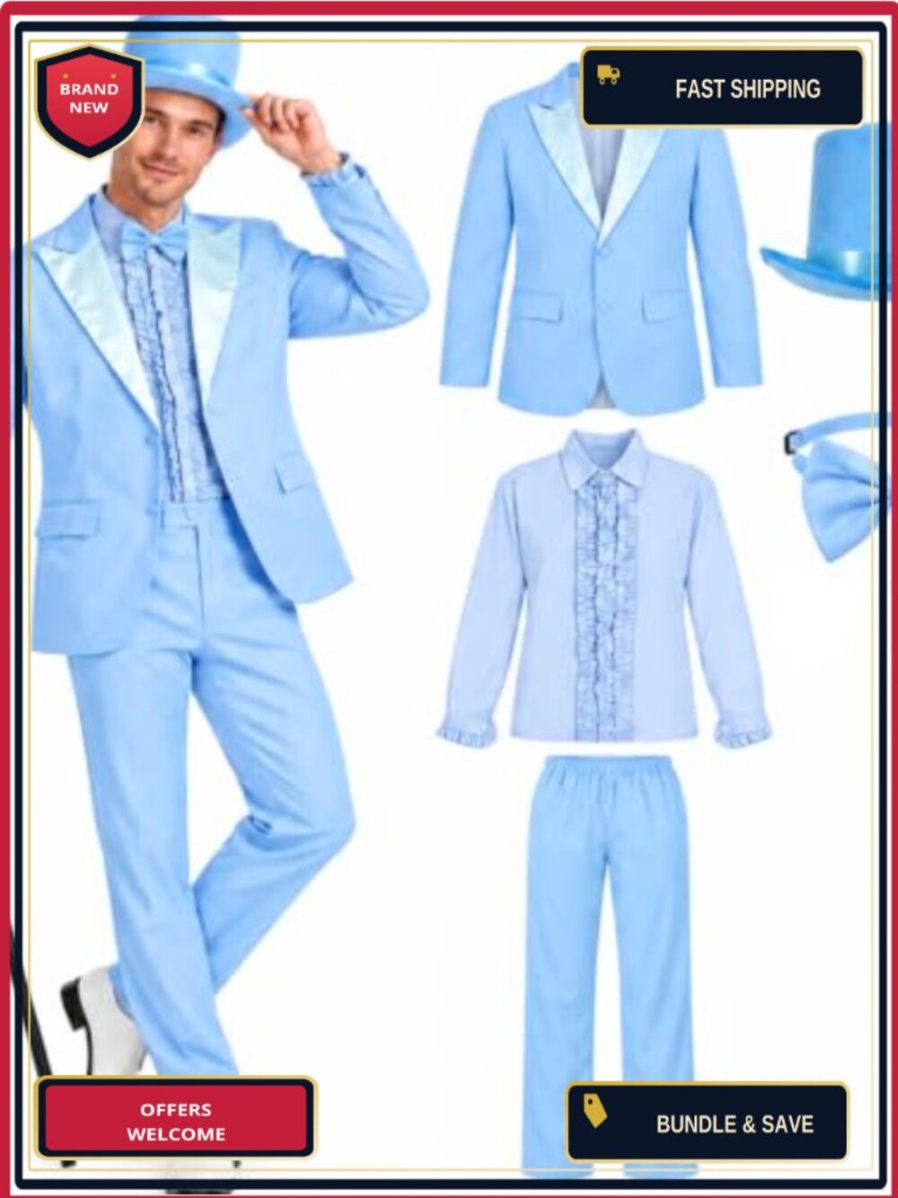 6PCS 90s Tuxedo Costume Men Adult Funny Suit Outfit Halloween Cosplay